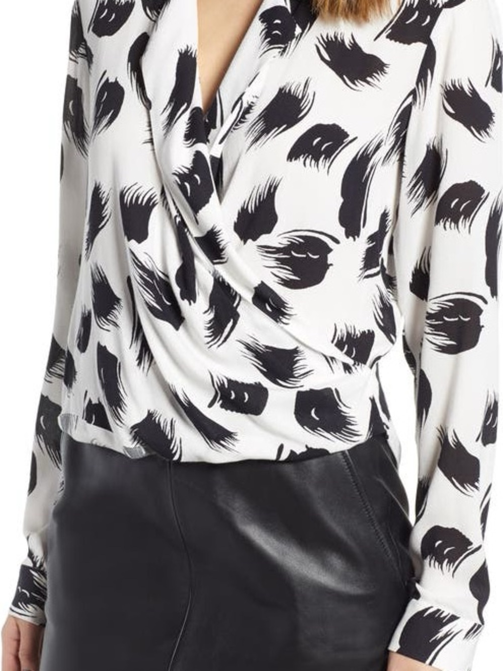 Leith Black & White Feather-Print Draped V-Neck Blouse